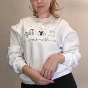 Vintage Jerzees Size Medium White Winter Snowman Sweater Long Sleeve Pullover